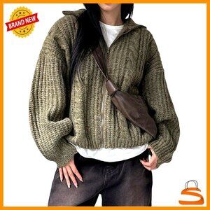 Oversized Chunky Cable Knit Cardigan Zipper Collar Fall Sweater Trendy Chic